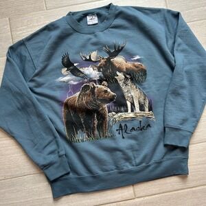 Vintage‎ Prairie Mountain Alaska Sweatshirt Bear eagle Moose Wolf Men Large